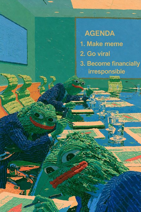 Pepe the Frogs in business suits sit around a conference table in a boardroom meeting, with the agenda screen displaying "1. Make meme, 2. Go viral, 3. Become financially irresponsible." The image humorously riffs on the "gm" (good morning) crypto greeting by depicting Pepe—a quintessential meme coin mascot—strategizing a pipeline from viral meme culture straight to financial ruin.