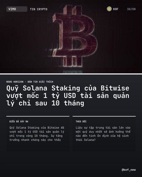 A Vietnamese crypto news article from VIMO titled 'Quỹ Solana Staking của Bitwise vượt mốc 1 tỷ USD tài sản quản lý chỉ sau 10 tháng' with a Bitcoin logo.