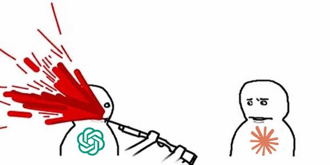 A meme-style illustration showing a stick figure with the ChatGPT logo being sprayed with red liquid by a hose, while another stick figure with the Claude logo watches calmly.