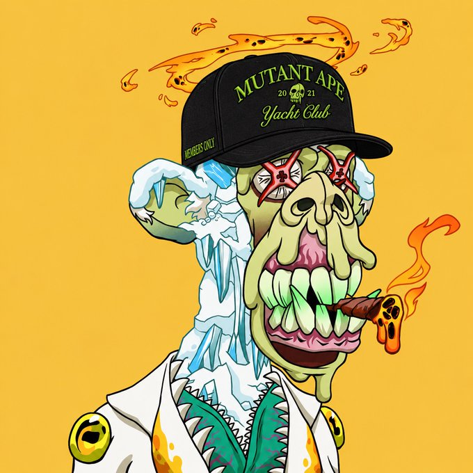 A cartoon illustration of a green, monstrous ape-like character with star-shaped eyes and a melting face, smoking a blunt, wearing a black cap that reads "MUTANT APE Yacht Club 2021 MEMBERS ONLY".