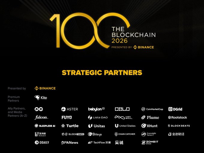 A black promotional graphic for '100 THE BLOCKCHAIN 2026 PRESENTED BY BINANCE' listing strategic partners including Kite, Aster, Babylon, Celo, CoinMarketCap, DGrid, Falcon, FUYO, Lista DAO, NEO SAQL, Plume, Rootstock, Sleepless AI, Turtle, Unitas, United Stables, XHunt, BLOCKBEATS, and others.