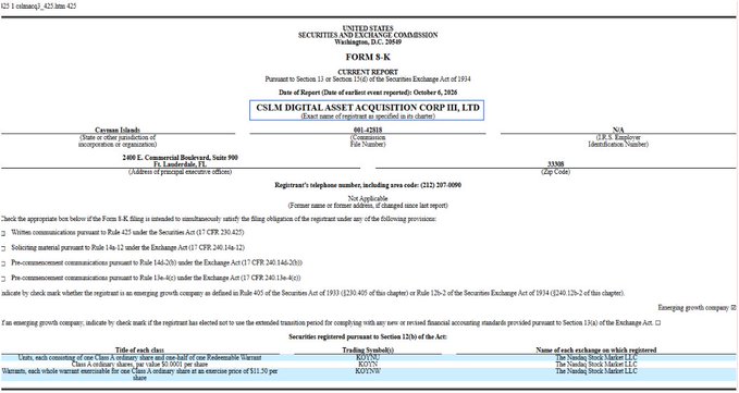This image shows a Form 8-K Current Report filed by CSLM Digital Asset Acquisition Corp III, Ltd (ticker: KOYN) with the SEC on October 6, 2026, registered in the Cayman Islands and based in Fort Lauderdale, FL (file number 001-42915). The filing relates to a business combination involving 2,600 E. Commercial Boulevard, with the relevant detail being the trading symbols RCOQ, RCOQU, and RCOQW listed for units, common stock, and warrants respectively.

The document supports the accompanying post by showing the official SEC filing in which CSLM Digital Asset Acquisition Corp III (KOY N) disclosed its competitive landscape assessment, naming Ripple's RLUSD alongside USDT, USDC, and PYUSD as stablecoin competitors to First Digital's FDUSD—making this 8-K the public-market filing that benchmarks these stablecoin issuers.