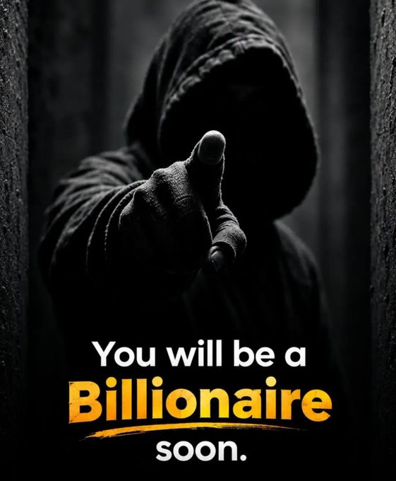 A hooded, shadowy figure points directly at the viewer, with bold text reading "You will be a Billionaire soon." The image accompanies a post urging users to comment "777" and click a tinyurl link, using the ominous figure and wealth promise as clickbait for an online scheme.