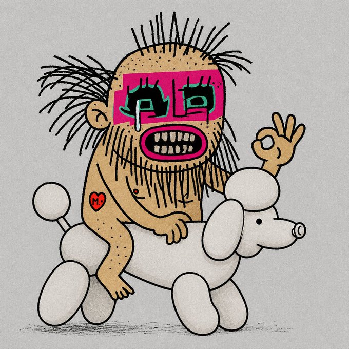 Cartoon illustration of a wild, hairy character wearing a pink mask with "AD" on it, riding a white balloon-dog while making an OK hand gesture.