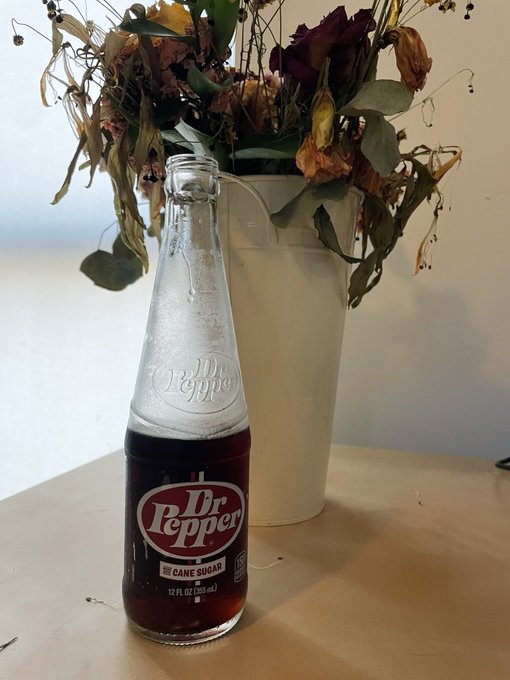 A glass bottle of Dr Pepper with Cane Sugar sits on a table in front of a vase containing dried flowers.