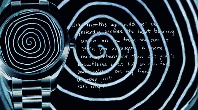 An artistic composition featuring a silver wristwatch with a hypnotic spiral background, overlaid with handwritten text reading 'Six months ago could not be yesterday because the heat bearing down on me from the sun at seven pm in august is more inconsequential than last year's snowflakes...' about weather and lost nights.