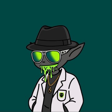 A cartoon illustration of a gray alien character wearing a black fedora, green-reflective sunglasses, a gold chain, and a white lab coat with a green alien logo.