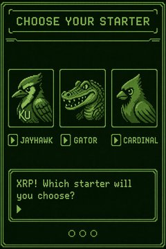 A pixel-art style screen titled "CHOOSE YOUR STARTER," presenting three green creature options—Jayhawk, Gator, and Cardinal—with a dialogue box asking, "XRP! Which starter will you choose?"