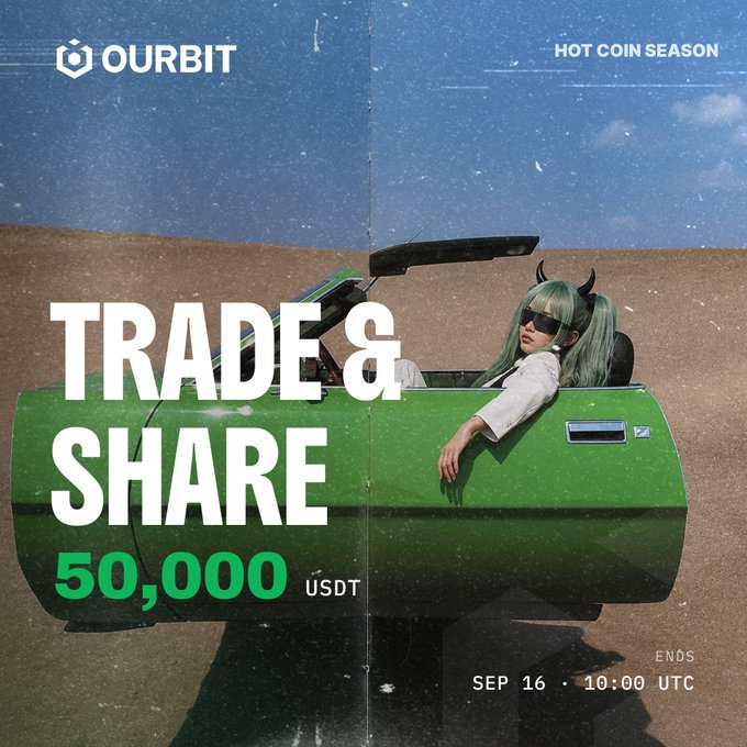 A promotional image for Ourbit's "Hot Coin Season" campaign features an anime-style character in sunglasses sitting in a green convertible in a desert, with bold text reading "TRADE & SHARE 50,000 USDT" and an end date of September 16 at 10:00 UTC. The eye-catching design aligns with the campaign's message, advertising up to $50,000 in rewards for users who trade selected spot pairs and participate in daily check-ins.