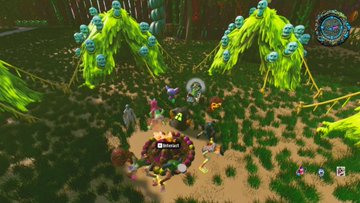A gameplay screenshot of an RPG showing characters in a forested area with glowing blue spider-like creatures on tent-shaped structures.