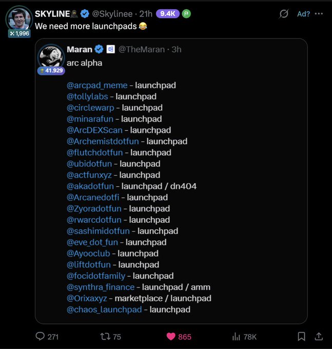 A screenshot of an X (Twitter) post by SKYLINE (@Skylineee) captioned 'We need more launchpads' quoting a tweet by Maran (@TheMaran) listing 21 accounts with their functions like 'launchpad', 'amm', 'dn404', and 'marketplace'.
