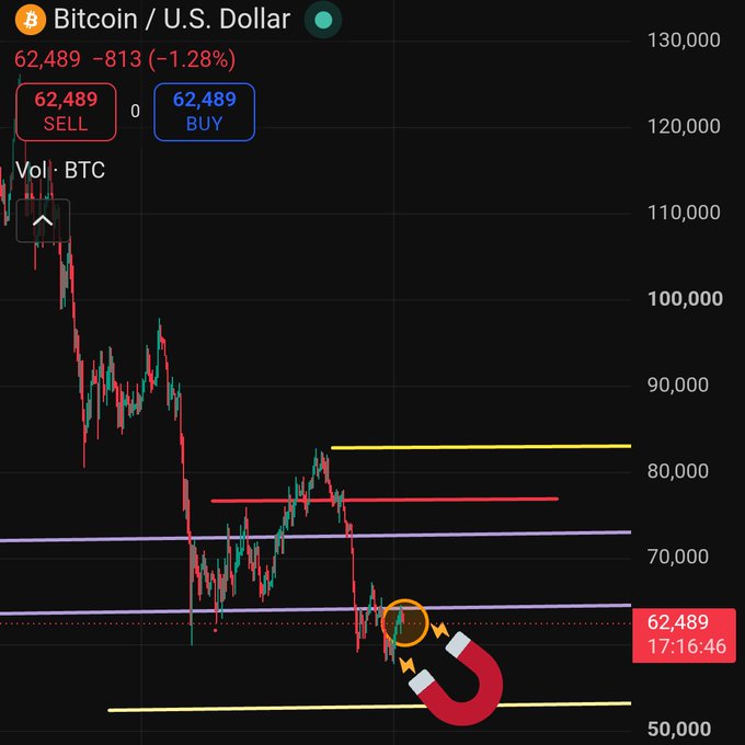 A Bitcoin/U.S. Dollar (BTC) price chart shows BTC trading at $62,489, down 1.28% (-$813), with candlesticks tracing a decline from above $120,000 to the current $60,000 level, hitting support near the purple horizontal lines around $62,000-72,000. The chart visually confirms the post's thesis that BTC reversed from the $80,000 resistance zone and dropped to the $60,000 target as previously predicted, with a magnet graphic highlighting the current price action near key support.