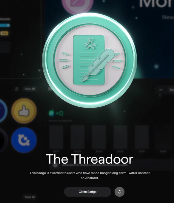 A glowing green badge titled 'The Threadoor' displayed on the Abstract platform, awarded to users who have made banger long-form Twitter content, with a Claim Badge button below.