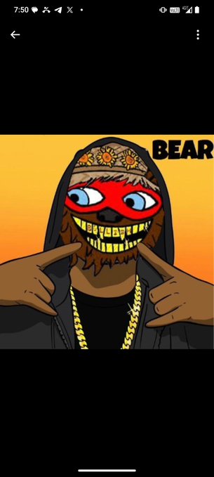 A cartoon character NFT-style illustration of a brown creature wearing a red mask, gold chain, and sun-patterned bandana, with "BEAR" text visible and gold-capped teeth.
