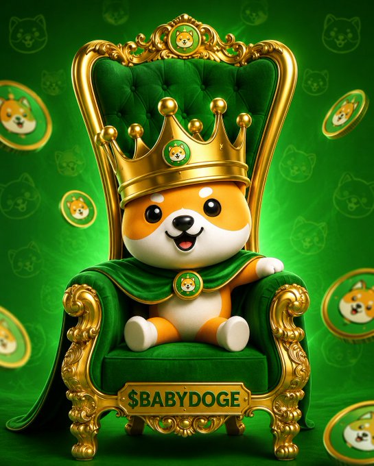 A cartoon Shiba Inu puppy wearing a golden crown and green cape sits on a regal emerald throne, with floating coins in the background. A plaque on the throne reads "$BABYDOGE," reinforcing the post's claim of meme coin dominance.