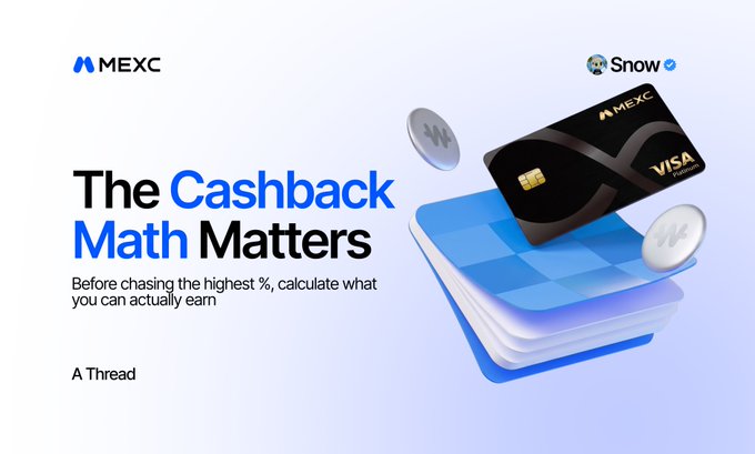 The image is a promotional graphic featuring a black MEXC Visa card resting on a stylized blue credit card with silver coins floating around it, alongside the MEXC and Snow (verified) logos. The headline "The Cashback Math Matters" with the message "Before chasing the highest %, calculate what you can actually earn" directly supports the post's argument that advertised cashback percentages can be misleading once monthly caps limit actual earnings.