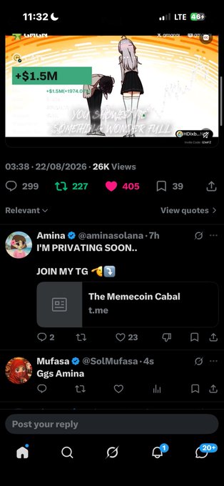 A mobile screenshot of a social media post showing someone making +$1.5M in trading, posted by Amina (@aminasolana) with text 'I'M PRIVATING SOON.. JOIN MY TG' linking to The Memecoin Cabal.