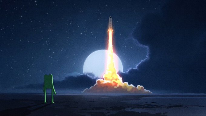 An illustration shows a small green creature standing on a dark landscape, watching a rocket launch with bright orange flames against a starry night sky with a full moon.