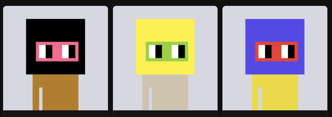 Three pixelated "Normies" NFT characters stand side by side, each with a square head featuring a horizontal visor with eyes, and a rectangular body below, rendered in black/pink, yellow/green, and blue/red color schemes against gray backgrounds.

The image relates to the post by showcasing the "Normies" NFT collection the user admires, illustrating the pixel-art characters being referenced as potential merchandise (PP collection).