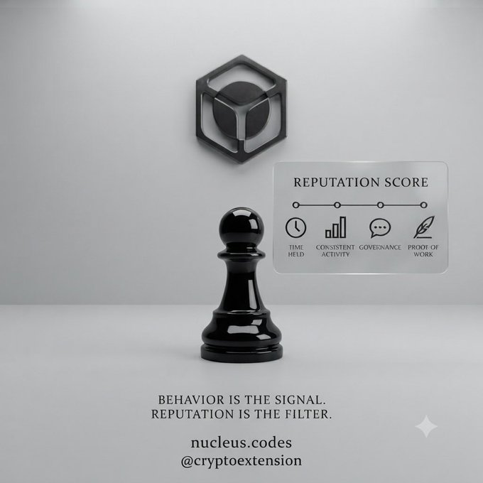 A black pawn chess piece on top of a white background, with a Reputation Score ad, and the accompanying text, "BEHAVIOR IS THE SIGNAL. REPUTATION IS THE FILTER. nucleus.codes @cryptoextension". Along with an advertisement including: "REPUTATION SCORE TIME SPENT, CONSISTENT GOVERNANCE, PROOF OF WORK, ACTIVITY".