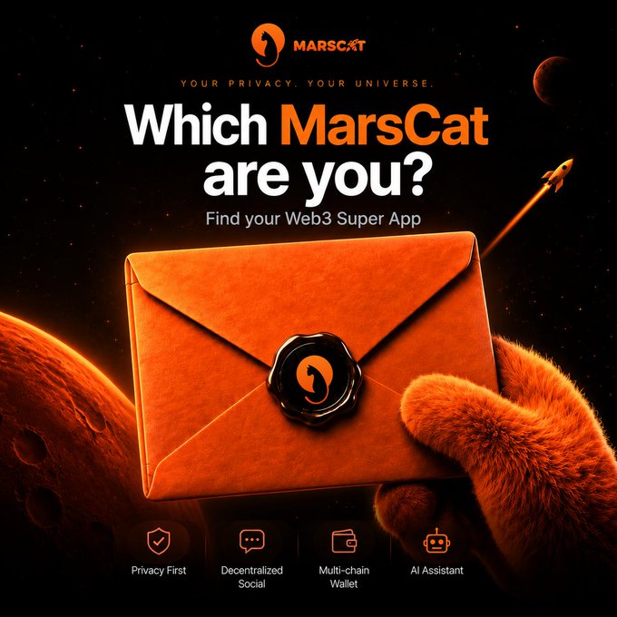 A promotional advertisement for 'MarsCat' Web3 Super App featuring an orange envelope held by a cat's paw against a space background, with the tagline 'YOUR PRIVACY. YOUR UNIVERSE.' and 'Which MarsCat are you?' The app features include Privacy First, Decentralized Social, Multi-chain Wallet, and AI Assistant.