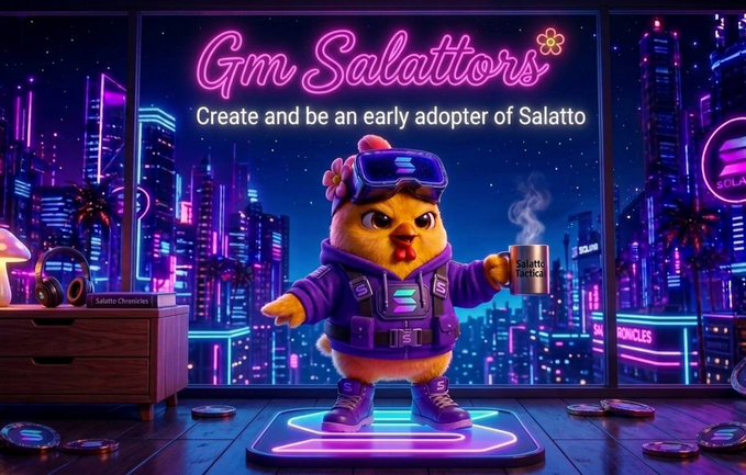 The image features a cartoon character, likely a small dog or bird-like creature, standing on a platform with its arms outstretched as if waving at someone. The character appears to be holding a cup of coffee while wearing a purple jacket. In the background, there is a cityscape with neon lights and buildings, creating an urban atmosphere.

The image also contains text that reads "Gm Salattors Create and be an early adopter of Salatto Ecosystem #Salatto #Web3 #Solana #Crypto". This suggests that the character might be associated with a company or project related to cryptocurrencies or web3 technology, possibly as part of a promotional campaign.