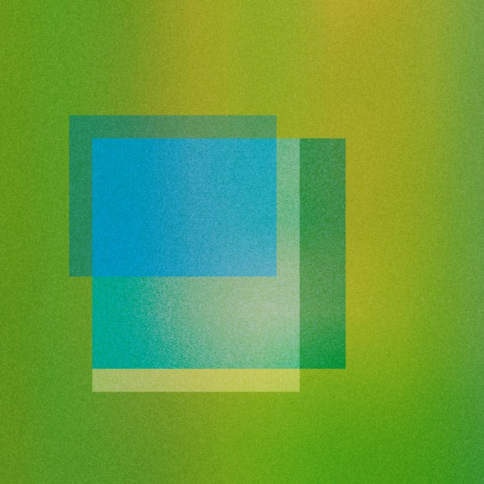 An abstract digital artwork featuring overlapping translucent squares in shades of blue and green against a yellow-green gradient background.