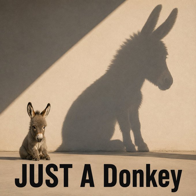 A small donkey sitting on the ground casts a large shadow resembling a giant donkey on the wall behind it, with the text 'JUST A Donkey'.