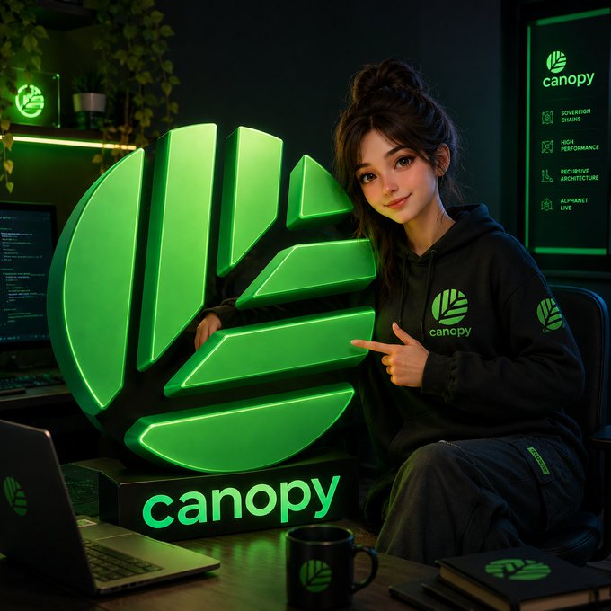 An anime-style digital artwork of a girl in a black 'canopy' hoodie pointing at a glowing green 3D logo, set in a dark workspace with a laptop and coffee mug.