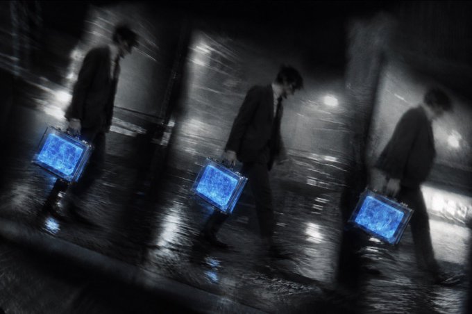 An artistic black-and-white photo of a man in a suit walking through a wet street at night, carrying a glowing blue briefcase.