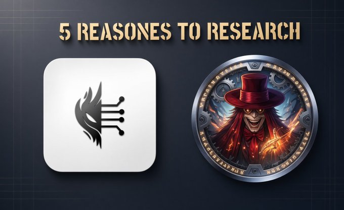 Graphic titled '5 REASONS TO RESEARCH' featuring two icons: a white square with a stylized flame/circuit logo on the left, and a circular emblem on the right depicting a sinister figure in a red top hat with gears and mystic symbols.