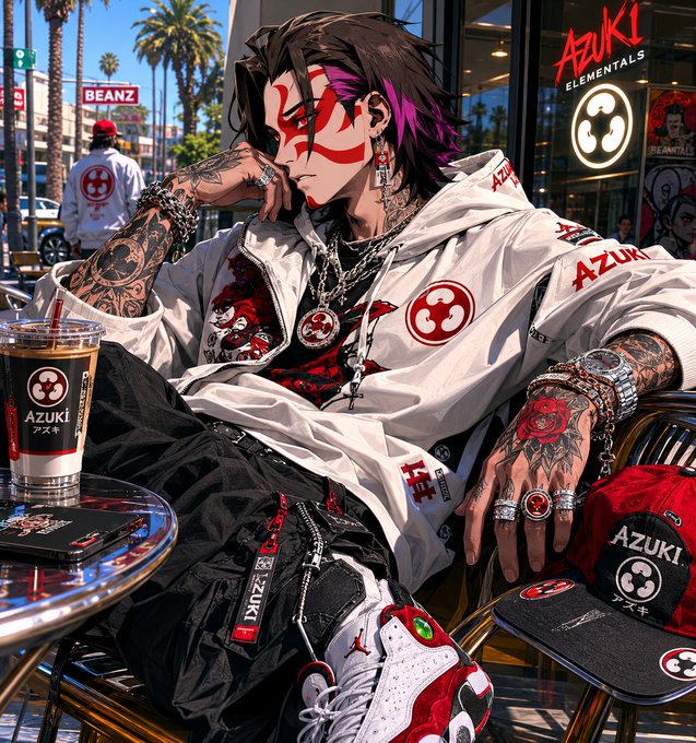 The image features a man sitting at an outdoor table, wearing a white hoodie and black pants. He has tattoos on his arms and legs, and he's holding a drink in one hand while resting his other hand on his lap. The background includes a building with a sign that reads "AZUKI", suggesting the location might be related to Azuki or the anime community.