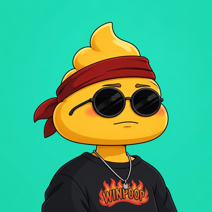 Cartoon poop emoji wearing sunglasses, a red bandana, and a black 'WINPOOP' flame shirt on a teal background — a meme mascot/avatar.
