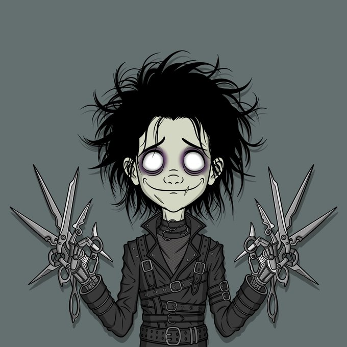 A cartoon illustration of Edward Scissorhands features the character with pale green skin, wild black hair, blank white eyes, a wide grin, and bladed fingers, wearing a black leather outfit with multiple buckles.