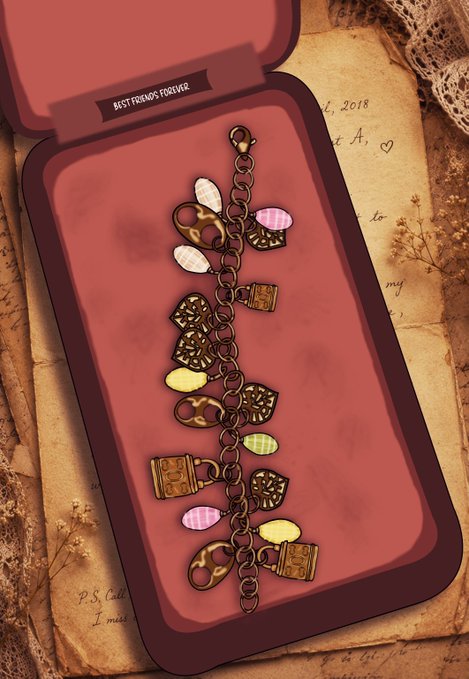 An illustration of a charm bracelet with various coffee-themed and decorative charms displayed in a pink "BEST FRIENDS FOREVER" gift box resting on a vintage letter and lace fabric.