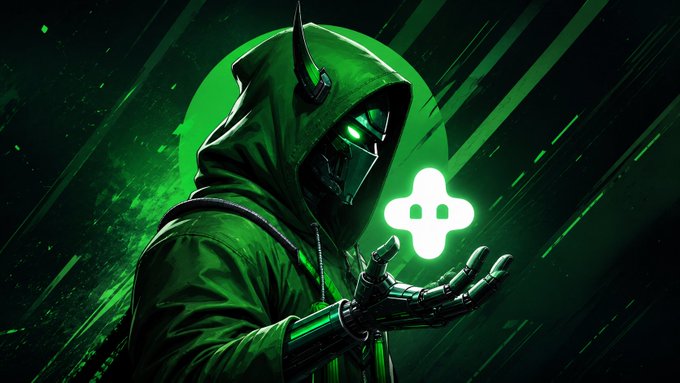 A green-hooded, masked figure with glowing eyes holds a glowing green cross-like symbol in their hand against a dark, atmospheric background.