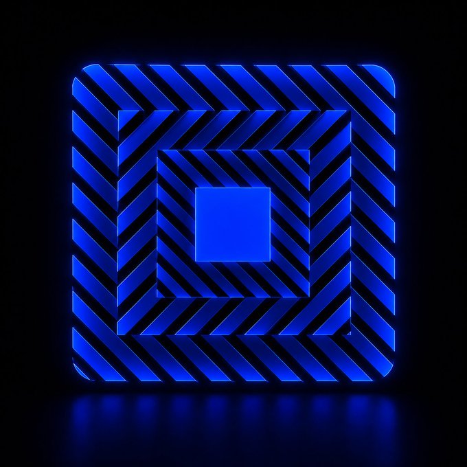 A glowing blue geometric design featuring concentric squares composed of chevron and striped patterns set against a dark background.