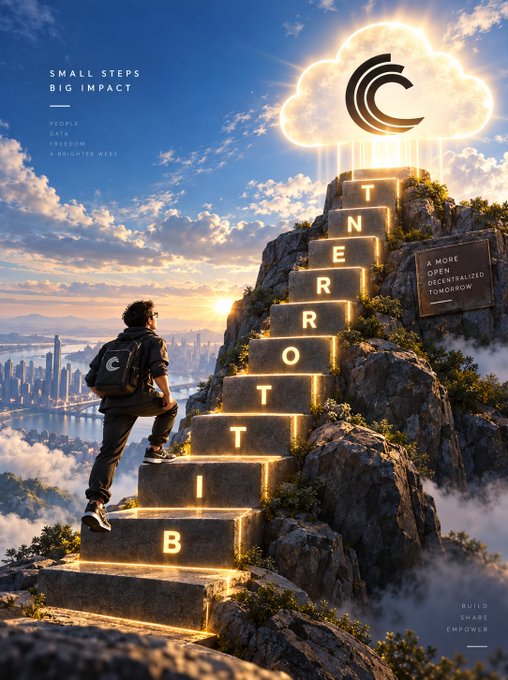Digital artwork of a person climbing illuminated stone stairs spelling out a word on a mountain peak, with the text 'SMALL STEPS BIG IMPACT' and 'A MORE OPEN DECENTRALIZED TOMORROW'.