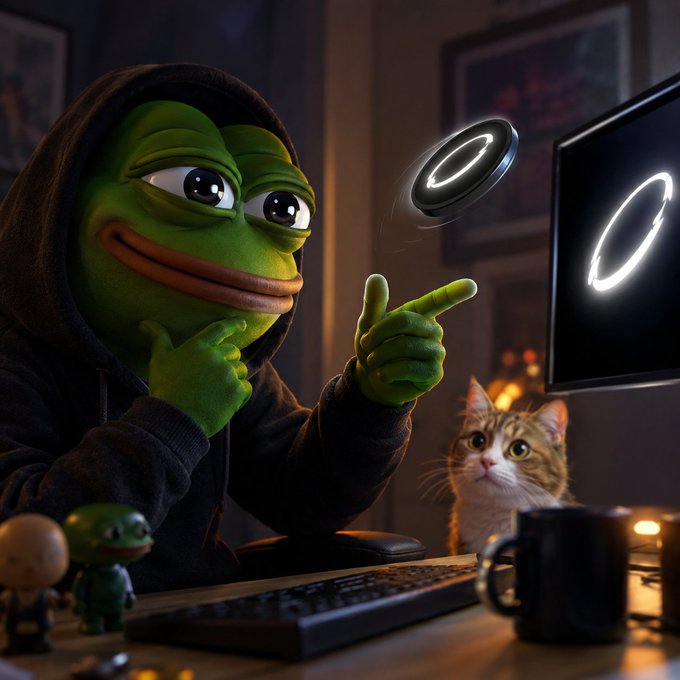 A 3D-rendered Pepe the Frog character in a black hoodie sits at a computer desk, tossing a glowing ring toward a monitor, accompanied by a small figurine, a mug, and a curious tabby cat.