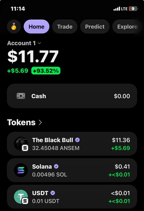 Screenshot of a crypto portfolio app showing Account 1 with a balance of $11.77 (+$5.69, +93.52%), including holdings in 'The Black Bull' token (32.45048 ANSEM, $11.36), Solana (0.00496 SOL, $0.41), and USDT (0.01, <$0.01).
