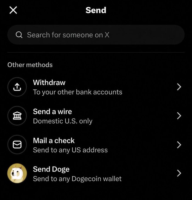 A screenshot of the "Send" menu on X (formerly Twitter) showing the option to "Send Doge to any Dogecoin wallet," highlighting the integration of Dogecoin ($DOGE) into X's payment platform.