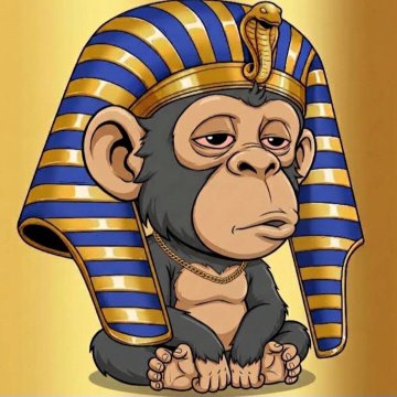 A cartoon illustration of a bored-looking chimpanzee wearing a blue and gold striped Egyptian pharaoh headdress with a cobra emblem.
