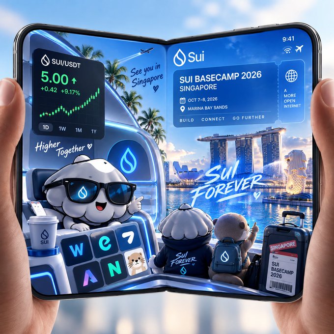 A foldable smartphone displays a promotional graphic for 'SUI BASECAMP 2026 SINGAPORE' at Marina Bay Sands on Oct 7-8, 2026, featuring the Sui crypto mascot in sunglasses, a SUI/USDT price of 5.00 (+9.17%), and the slogan 'Sui Forever.'