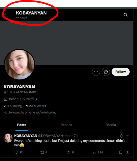 A Twitter/X profile page for "KOBAYANYAN" (@KOBAYANYANstake) is shown with only 12 posts, featuring a recent tweet about deleting comments after not winning a giveaway, alongside profile stats of 29 following and 136 followers. The image illustrates the suspicious account flagged in the post, which has allegedly been winning Stake giveaways at a 25% rate despite minimal activity and no verification process.