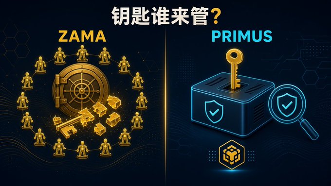 An infographic comparing ZAMA (depicted with a vault and human figures around keys) and PRIMUS (depicted with a shield, key, and magnifying glass) under the Chinese text '钥匙谁来管？' (Who manages the keys?).