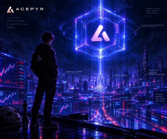 A futuristic cityscape with a glowing hexagonal ACEPYR logo, featuring text like 'SAME PEOPLE BIGGER JUDGMENT A BRIGHTER FUTURE', 'CAPITAL FLOWS', 'ORDER BOOKS', and 'VOLATILITY LIQUIDITY PRICE DISCOVERY'.