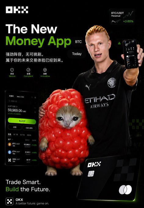 The image is a promotional advertisement for OKX, a cryptocurrency exchange, featuring a blonde-haired soccer player (resembling Erling Haaland) in a Manchester City-style "ETIHAD AIRWAYS" jersey holding up a smartphone displaying a trading app, alongside a small animal wearing a red raspberry costume and a black OKX debit card. The ad showcases BTC/USDT perpetual trading with a +3.65% change and the tagline "The New Money App - Trade Smart. Build the Future." The post relates by using the Japan vs. Sweden match and trading metaphor to promote OKX as a trustworthy, compliant platform where users can confidently manage their funds, echoing the ad's emphasis on security and reliability.