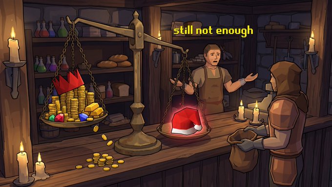 A 2D illustration of a shopkeeper looking exasperatedly at a customer on a scale, with the text 'still not enough' hovering over a single red gem balancing against a massive pile of gold and gems.