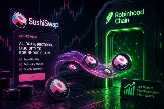 A promotional graphic for SushiSwap features a SIP proposal to allocate protocol liquidity to Robinhood Chain, highlighting new markets and opportunities.