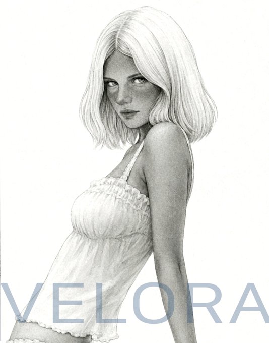 A black-and-white pencil-style illustration of a blonde woman in a white babydoll dress, with the text 'VELORA' overlaid at the bottom.